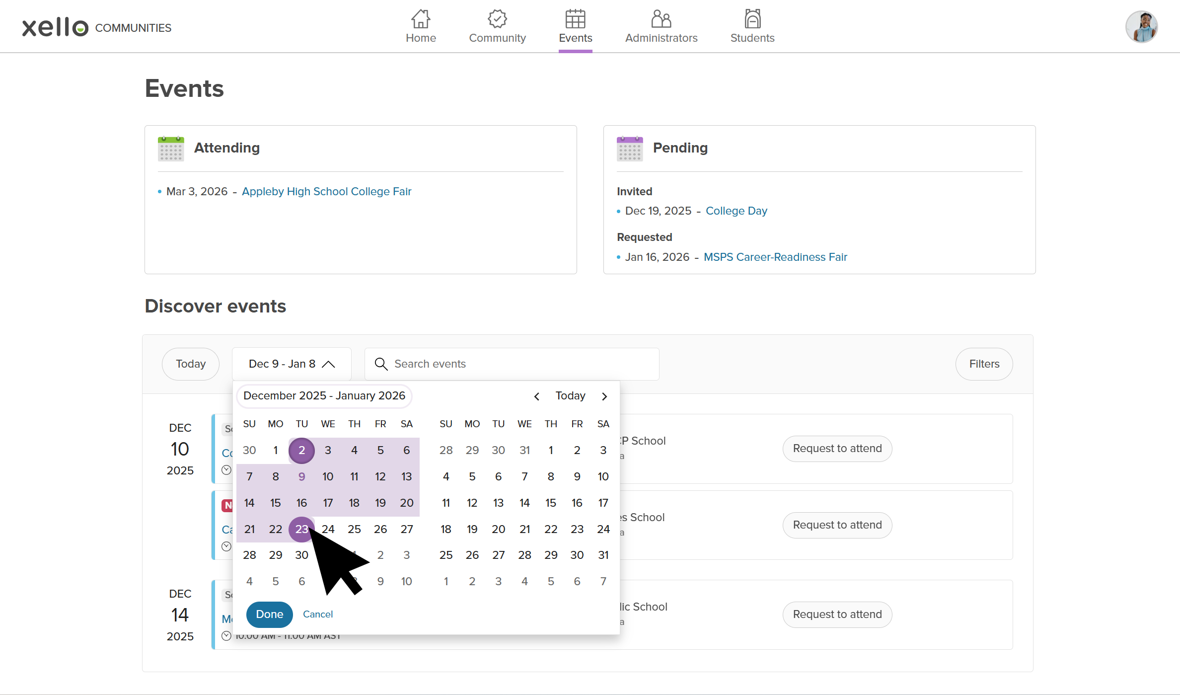 Events page with Discover events section highlighted. The cursor is clicking a date in the date range picker.